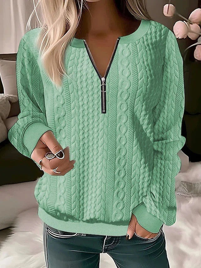 Close view of the raised cable knit texture on a polyester quarter zip pullover