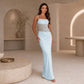 Blue lace panel spaghetti strap maxi dress in an arched neutral interior, size XL option