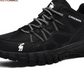 Black mesh low top hiking style shoe with lugged rubber sole, Black, size 43 option