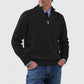 Mens acrylic knit quarter zip mock neck pullover sweater shown in several colours on a standing model