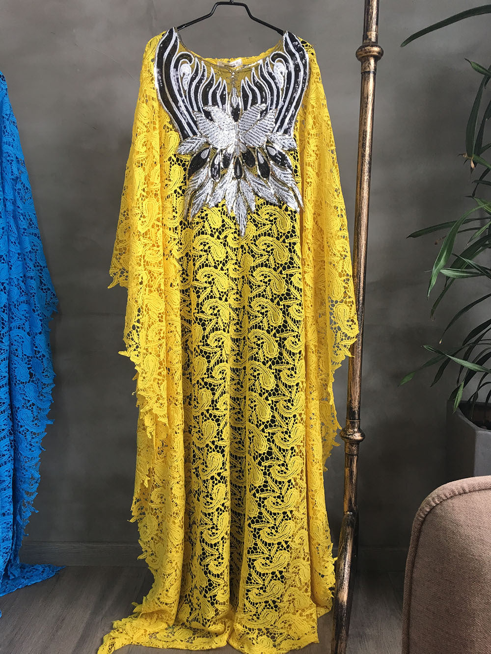 Full length yellow guipure lace kaftan with matching inner slip