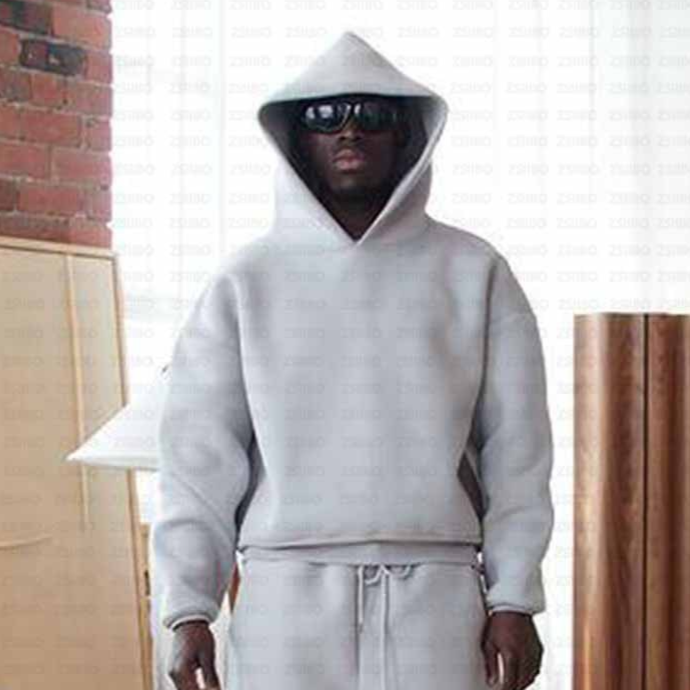 black hooded sweatshirt and trousers streetwear set shown as a full outfit