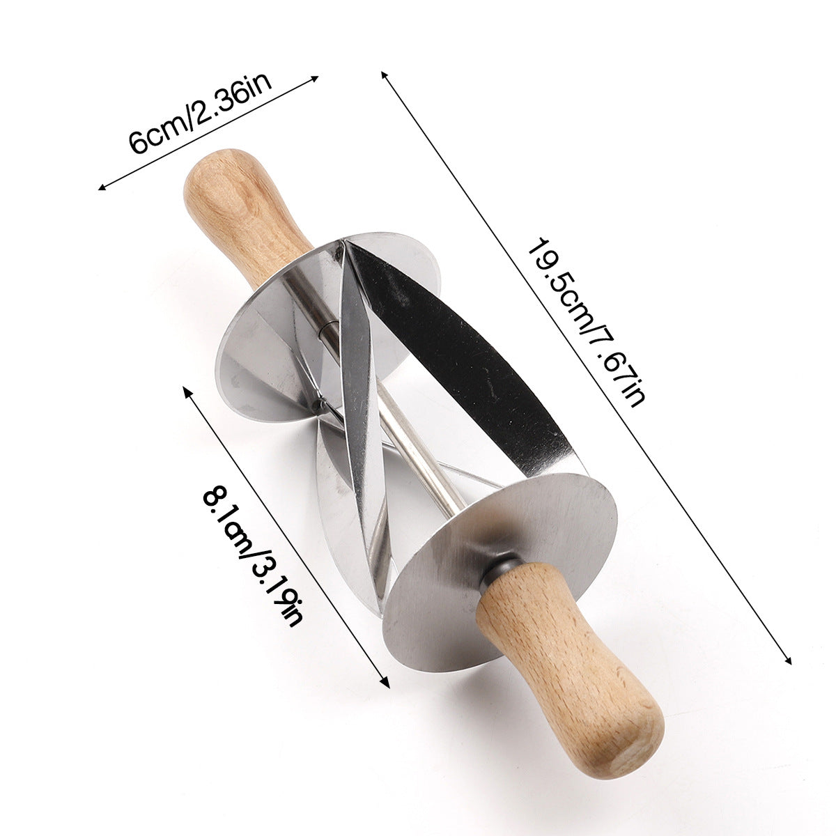 Croissant roller cutter with dimension lines showing 19.5 cm length on a white background