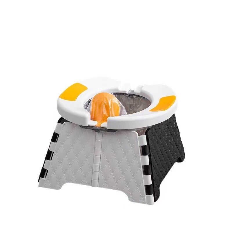 Single white and gray folding toddler potty with a disposable liner bag fitted inside the bowl