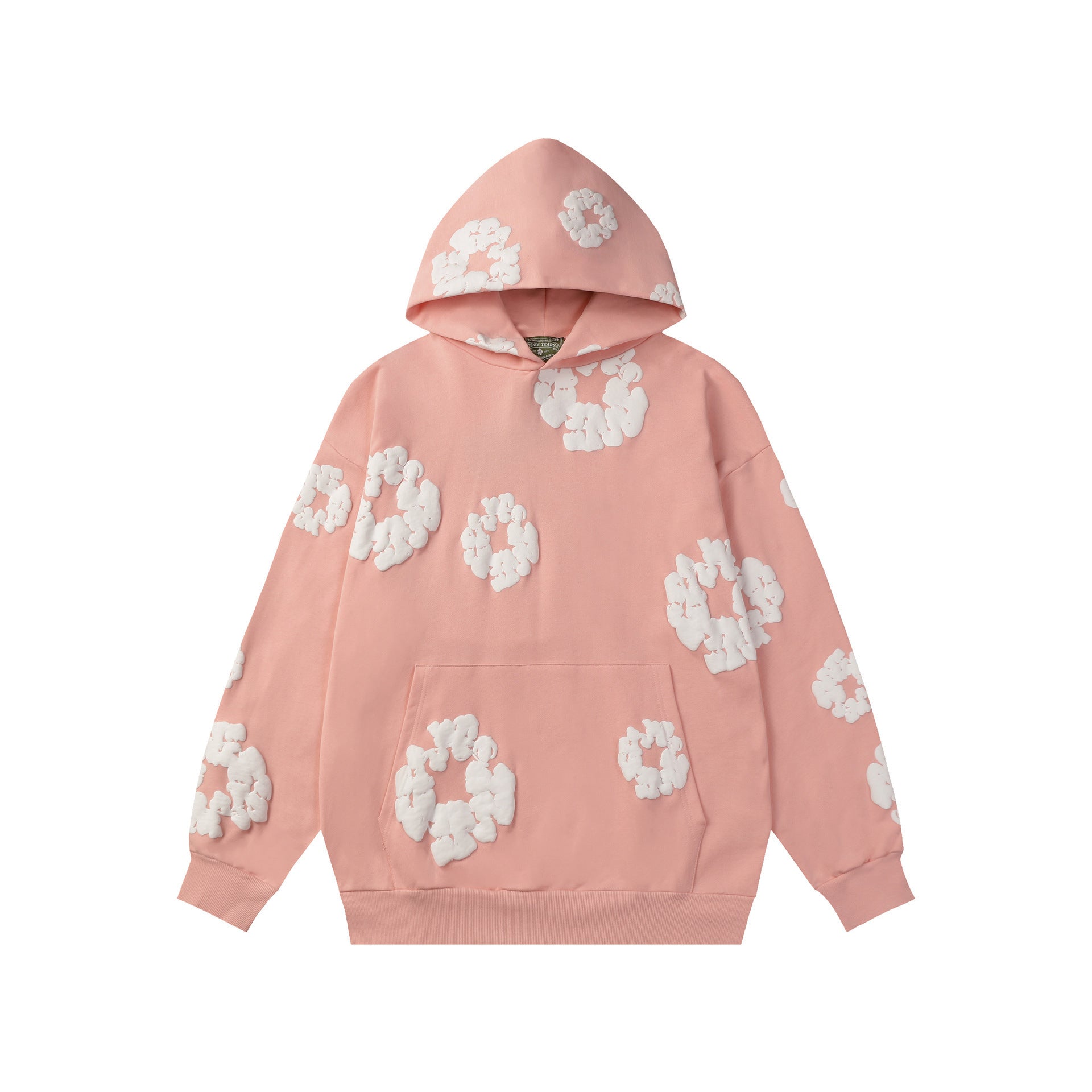 Side profile detail of the cotton wreath print hoodie hood and sleeve