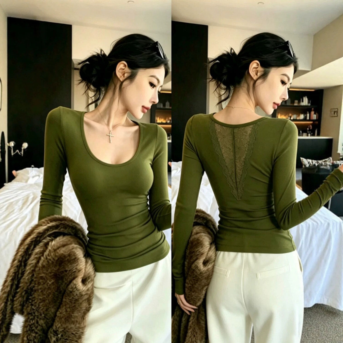 Olive green long sleeve top shown front and back, V shaped sheer floral lace panel on the upper back