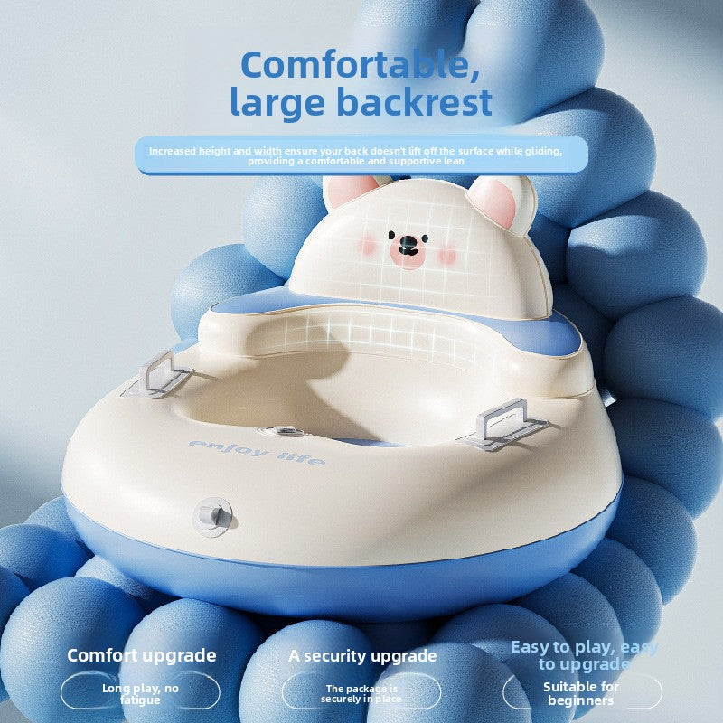 Cream and blue inflatable snow ring with a bear head backrest on a background of blue balls