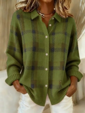 Green option photo of an olive green knit cardigan with a dark plaid check, shirt collar, size 5XL