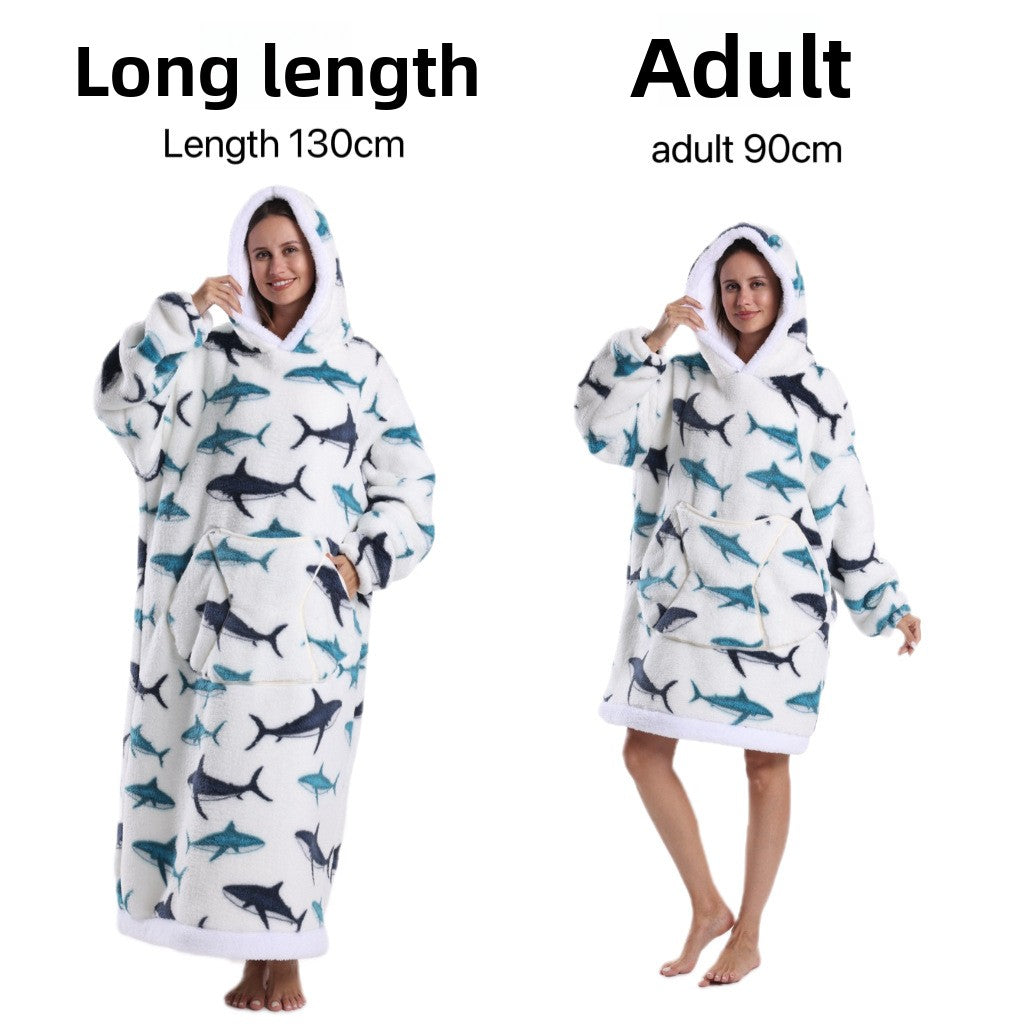 Sharks hooded fleece pullover, white with blue shark prints, 130 cm extra long option