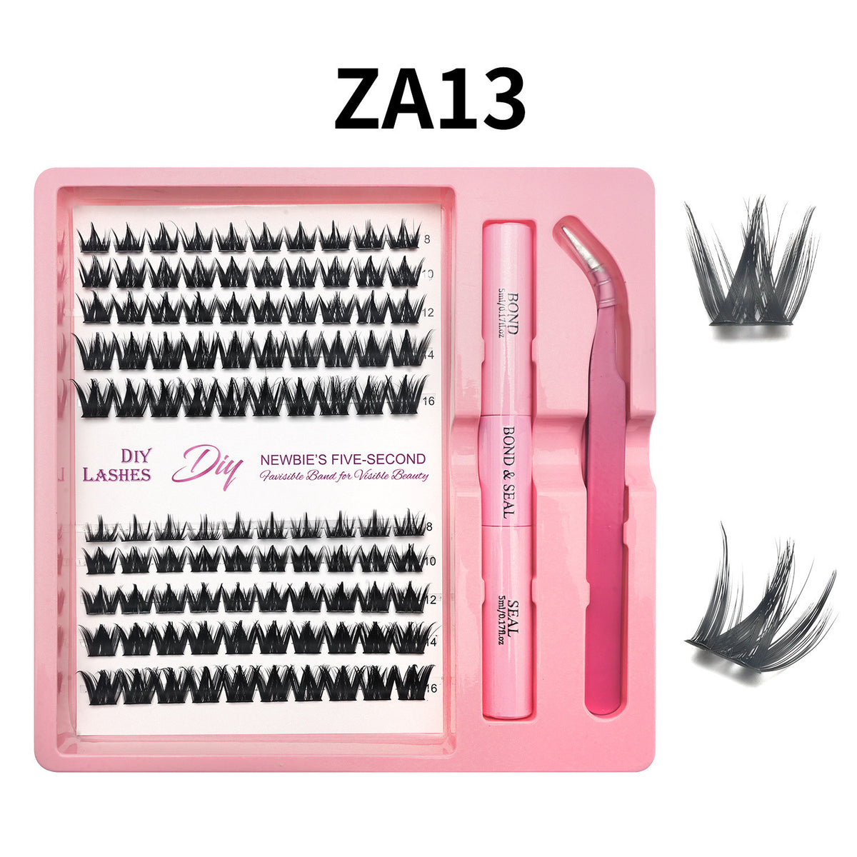 Lash cluster style ZA13 in a 10 row tray with dual-ended glue pen, tweezers and a close-up of the cluster shape