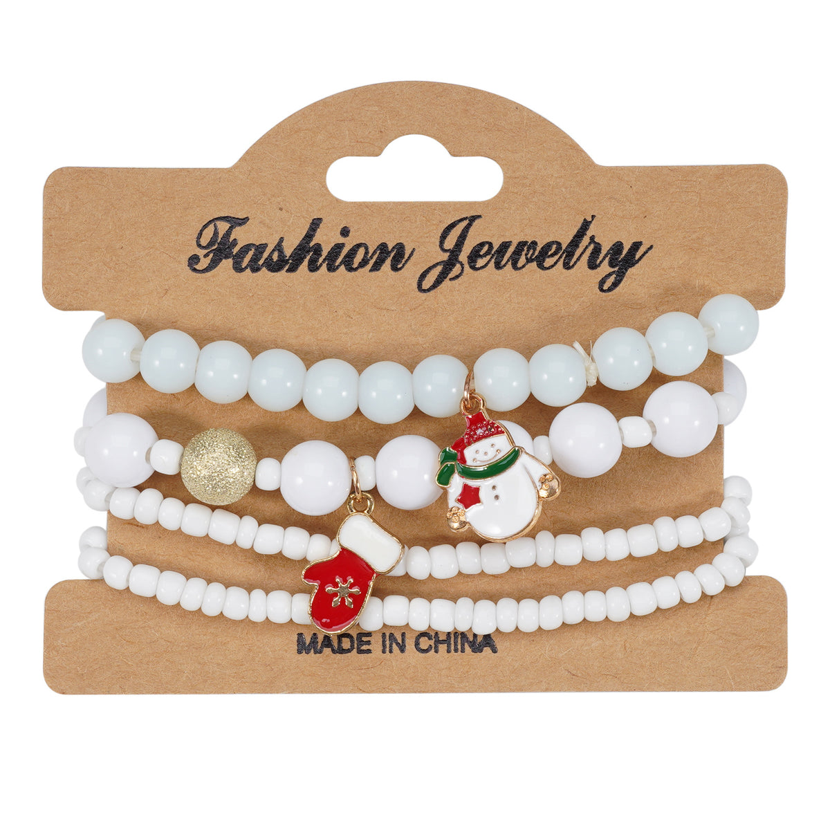 White Christmas bracelet set on a Fashion Jewelry card with a snowman charm and a red mitten charm