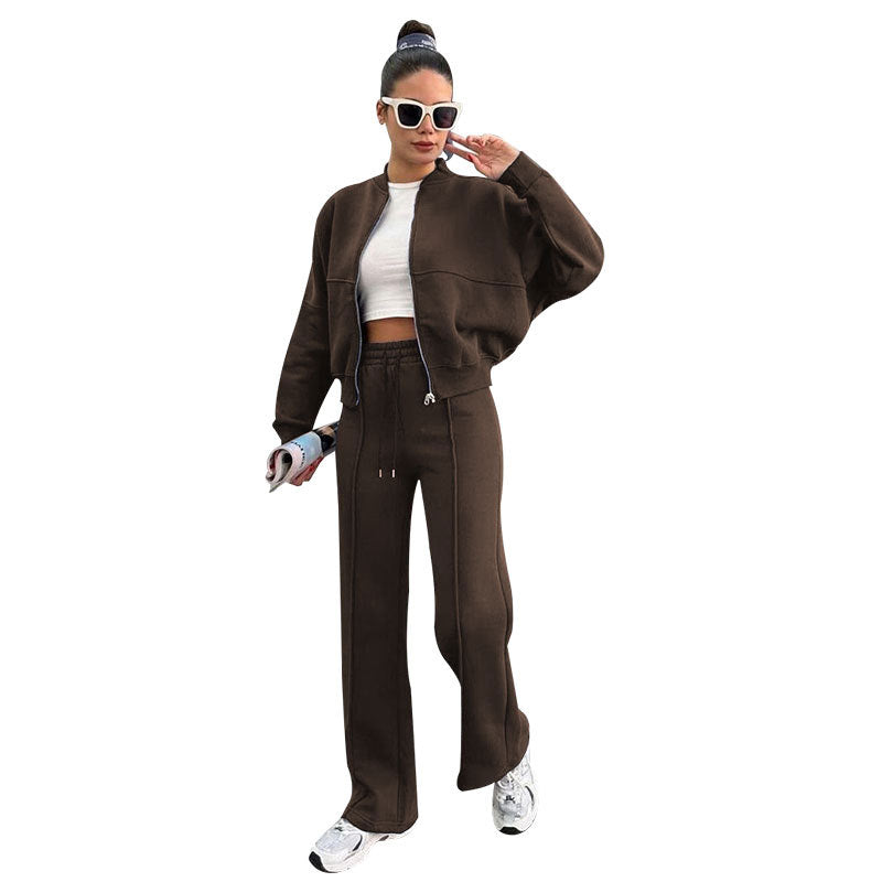 Brown fleece zip jacket and wide-leg pants set, full length