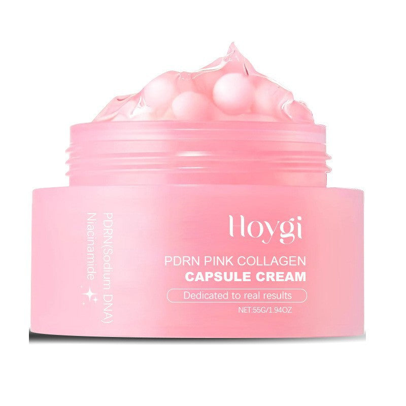 Open pink Hoygi PDRN Pink Collagen Capsule Cream jar, 55 g, with pink capsules in clear gel