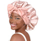 Roomy satin sleep cap with a bow tie band, one size for long or thick hair