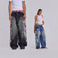 Retro Printed Wide-Leg Denim Pants