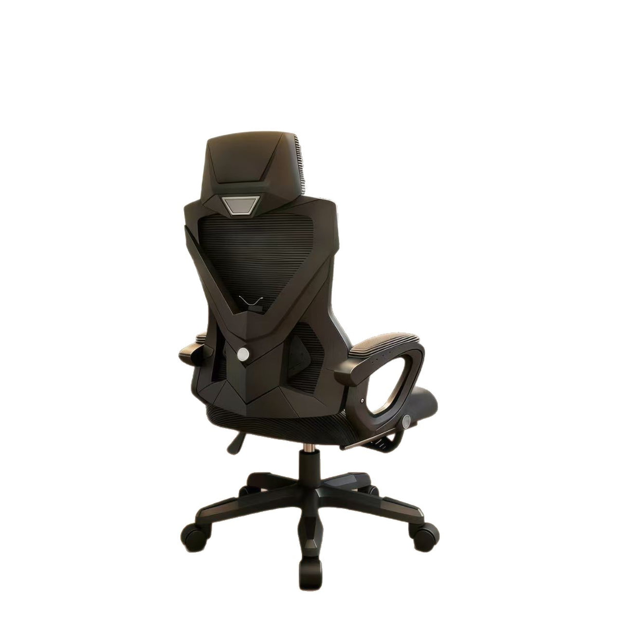 Black high-back mesh computer chair with headrest and five-star base on a white background