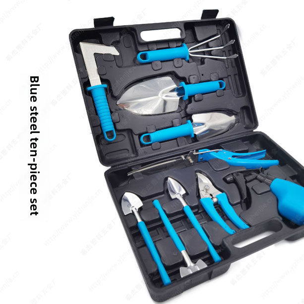 Blue grip stainless steel garden trowels, cultivator and shears set in an open case