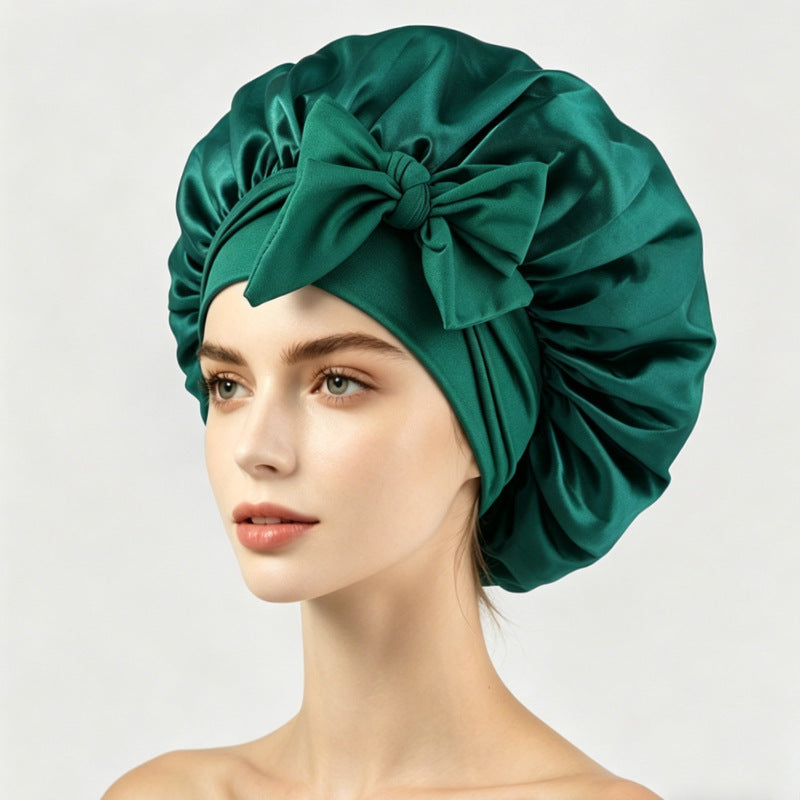 Smooth satin sleep bonnet with long ties, roomy enough for curls or braids