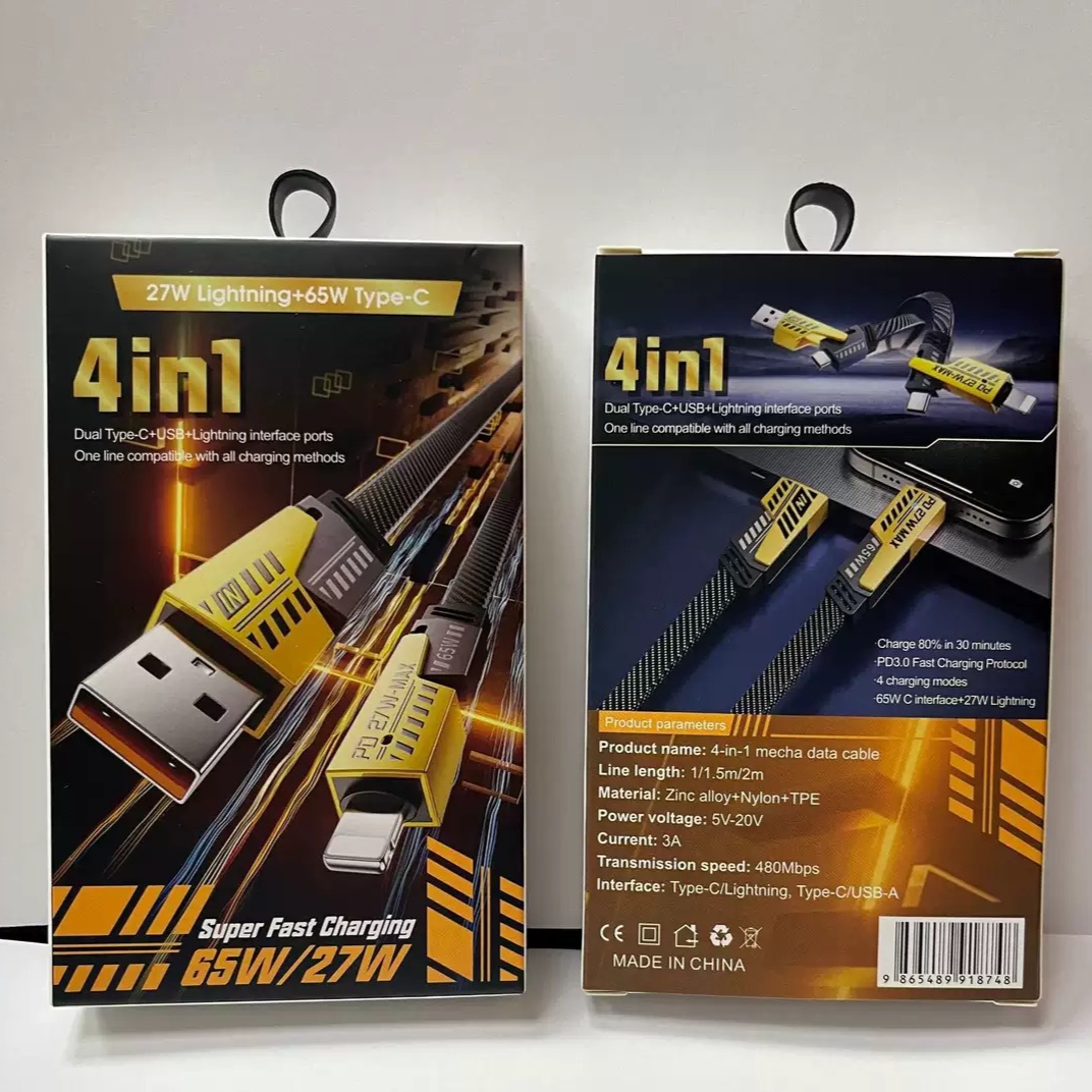 Retail box for the 4 in 1 cable printed with the product parameters panel