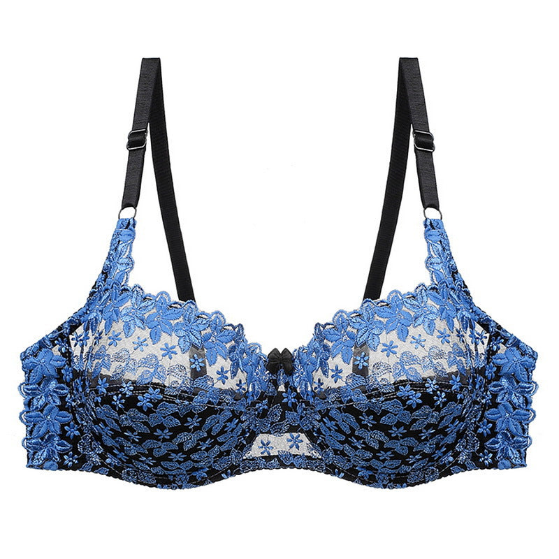 White floral lace full coverage bra worn under an open shirt for a lingerie look