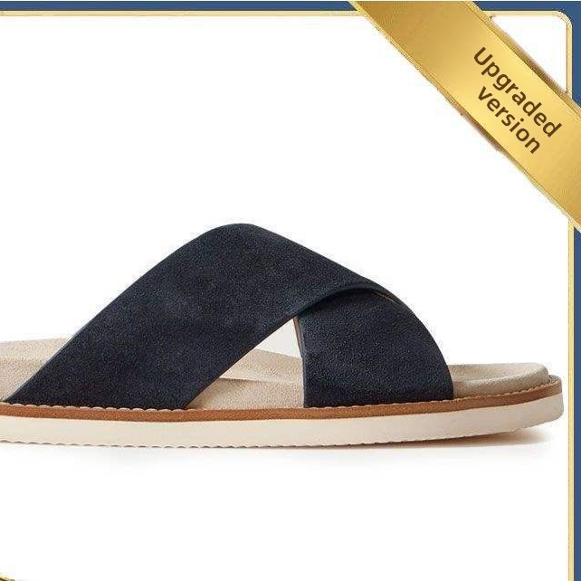 Navy suede cross-strap slide sandal close view with Upgraded version ribbon, Dark blue upgraded version option, size 44
