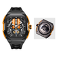 Close detail of quartz watch dial hands and case edge