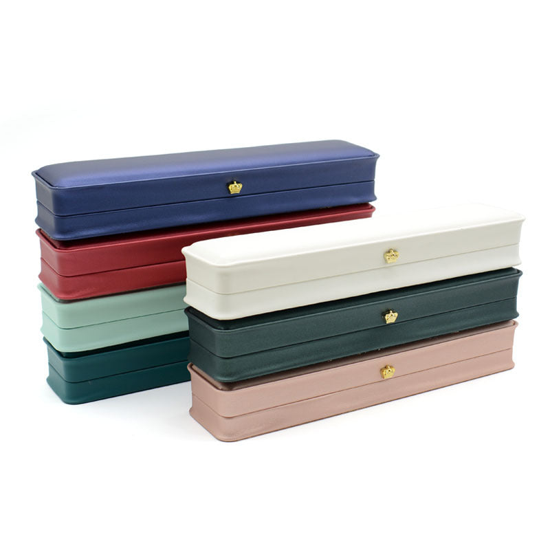 Six crown clasp necklace boxes stacked in navy, burgundy, off white, dark green, tiffany blue and champagne