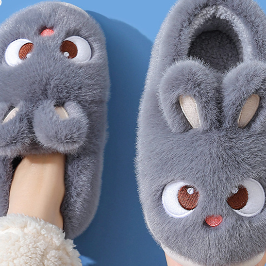 Slate gray cartoon bunny plush slippers seen from above on a foot, closed-heel style, option photo for size 40/41