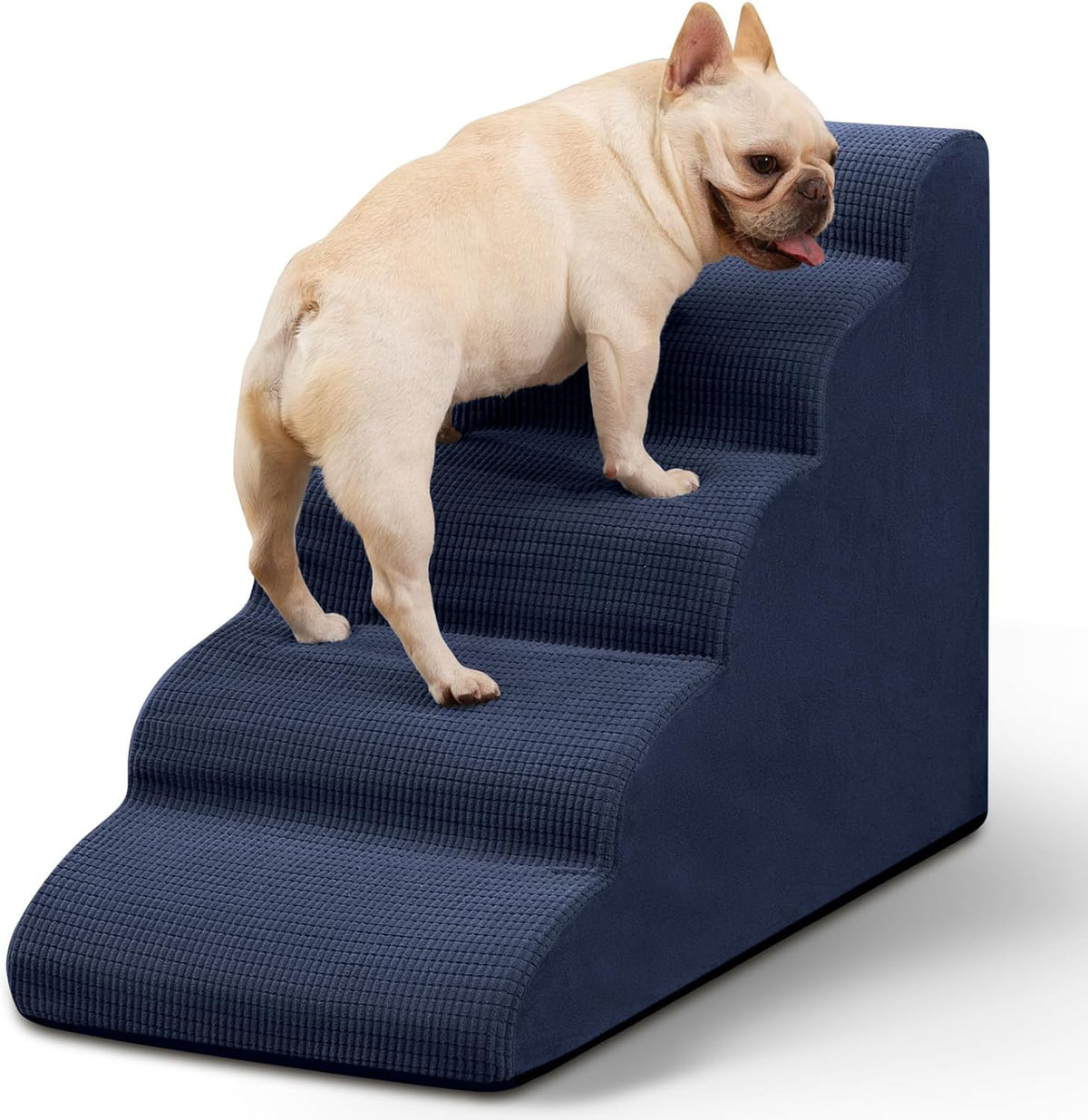 Foam pet stairs with a ribbed non slip fabric cover, tiered steps for cats and small dogs to reach a bed