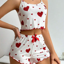 Heart Print Ribbed Cami Pajama Short Set