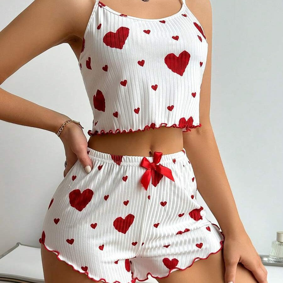 Heart print ribbed cami pajama short set worn while lounging at home