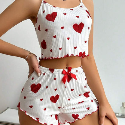 Heart print ribbed cami pajama short set worn while lounging at home