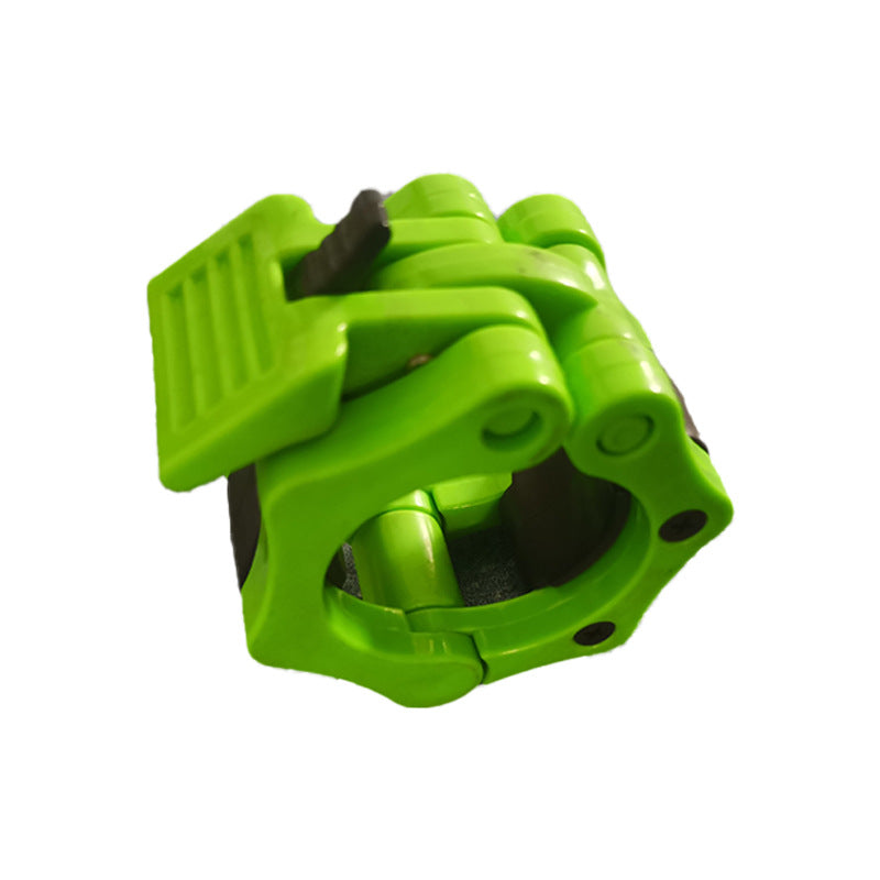 Lime green barbell collar with a ribbed quick release lever and a black latch