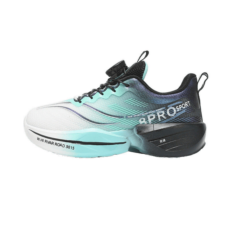 Side profile of the kids sneaker showing printed sport graphics and the flexible rubber outsole