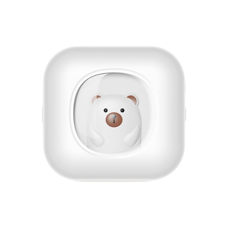 White thermal printer with a small bear seen through a round window, front view, X7 white option