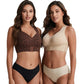Front hook and eye closure of the black support bra held open by the model