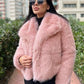 Plush faux fur cropped jacket with an oversized shawl collar and horizontal fur panels