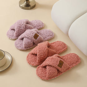 Plush Criss Cross Open Toe Slippers for Women and Men
