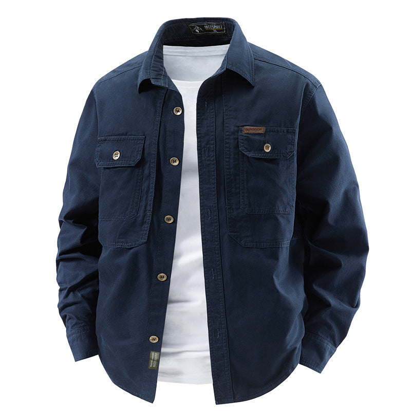 Men's deep blue cotton shirt jacket with flap chest pockets, front view, size 4XL option