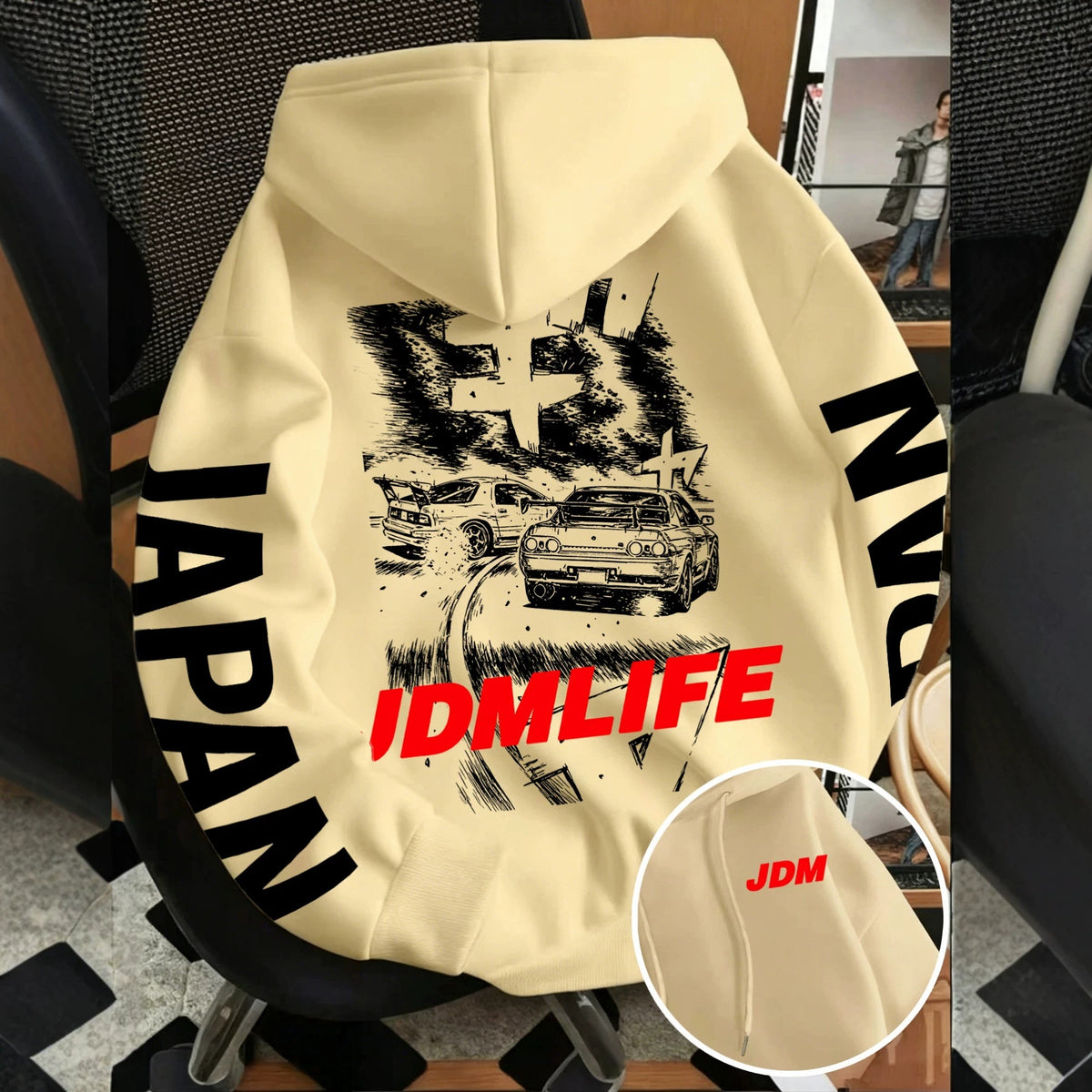 JDM drift hoodie back print with silhouetted cars on a mountain road and red JDMLIFE text