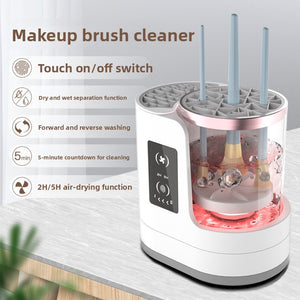 Makeup brush cleaner in use with three brushes beside a feature list: touch on/off, forward and reverse washing