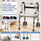 Steel walking frame with white shower board seat and paired footrest castors