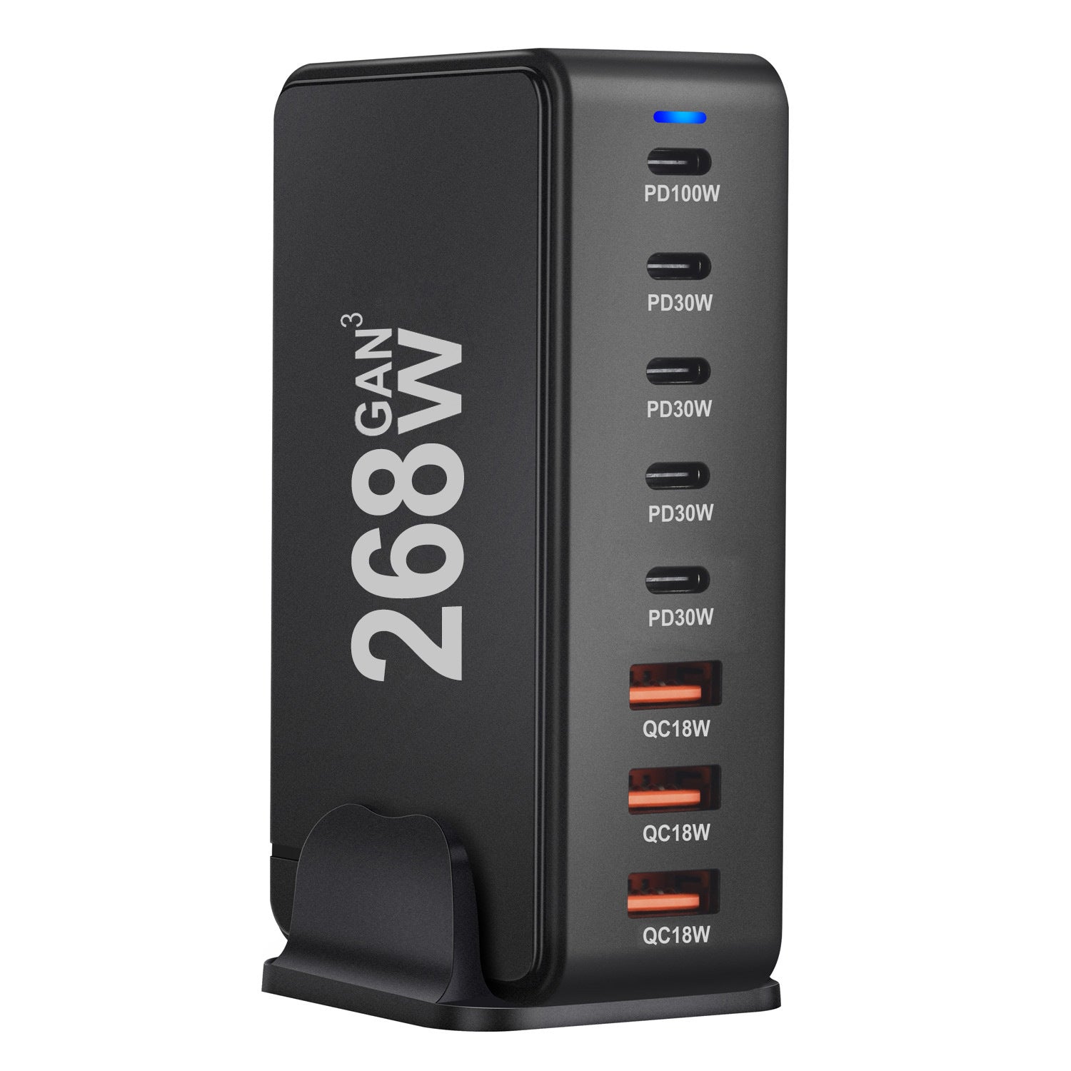 Front view of the GaN desktop charger with USB C ports marked PD and USB A ports marked QC