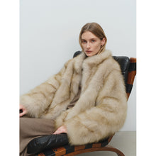 Womens Vegan Fur Stand Collar Hip Length Coat