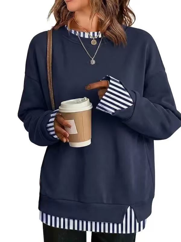 Front view of a khaki long sleeve sweatshirt with round neck and layered hem look