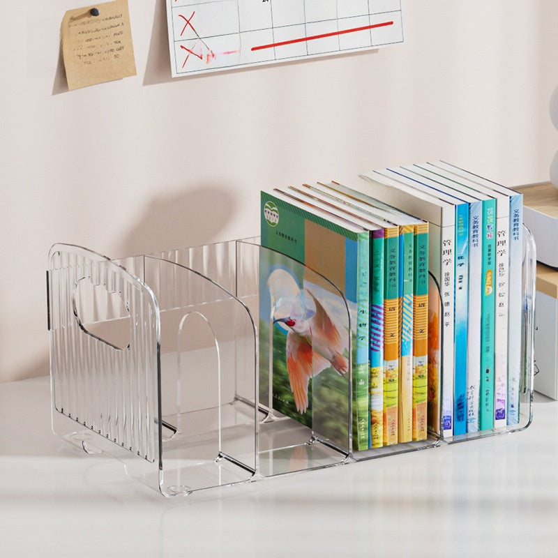 Clear 4 section desktop book organizer with ribbed end panel and arched dividers holding books, option 4-Compartment