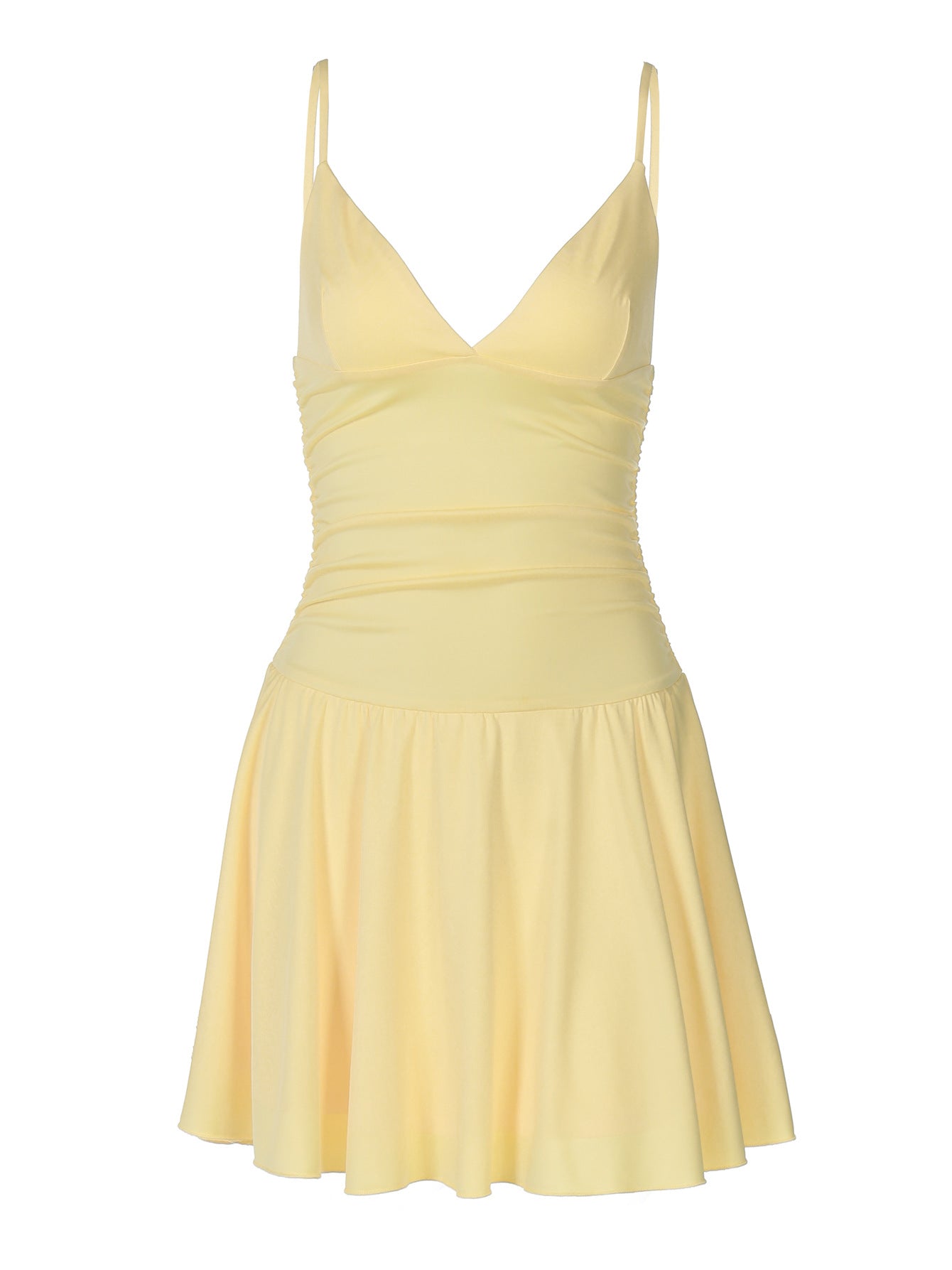 Pale yellow spaghetti-strap mini dress flat lay showing ruched waist and skirt