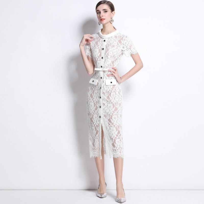 Hollow-Out Lace Maxi Dress | scale reference with hand