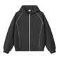Dark grey zip-up hoodie with light contrast stitching along the raglan sleeves and front panels, size S option