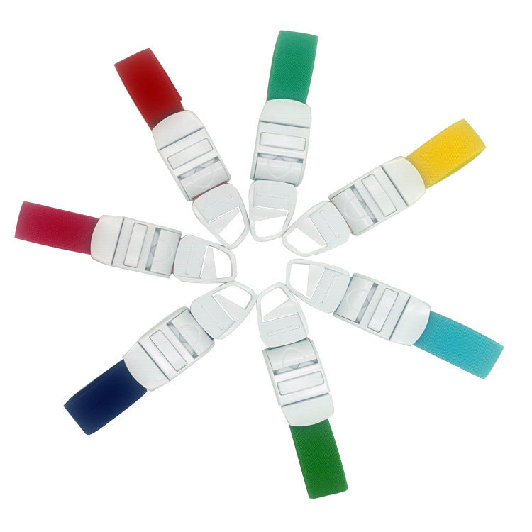Coloured quick release tourniquet bands arranged in a circle around their white snap buckles